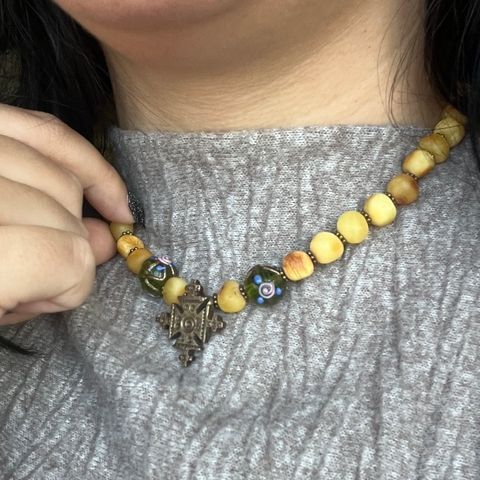 Necklace-zgarda with vintage amber, Venetian glass, and a handmade Hutsul brass cross., yellow