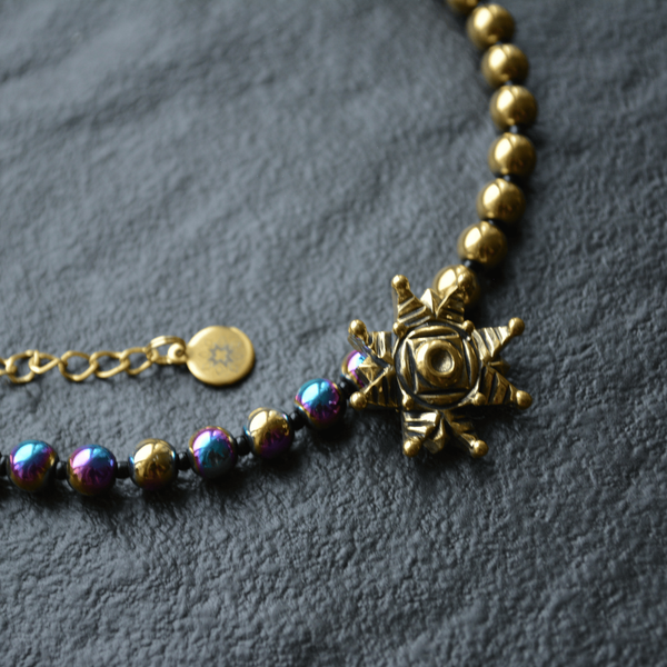 Necklace of halves of gold and rainbow hematite with star, Gold