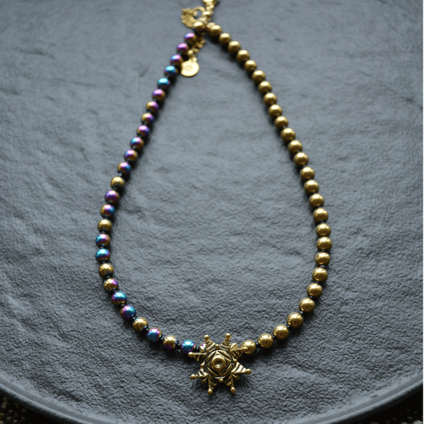 Necklace of halves of gold and rainbow hematite with star, Gold