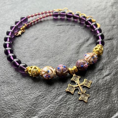 Necklace "Zgarda" with amethyst glass, handmade Hutsul cross, and Venetian glass., Purple