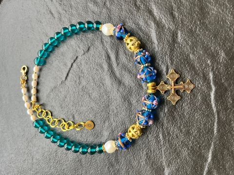 Zgarda necklace with cobalt glass, handmade Hutsul cross, and Venetian glass., Light blue